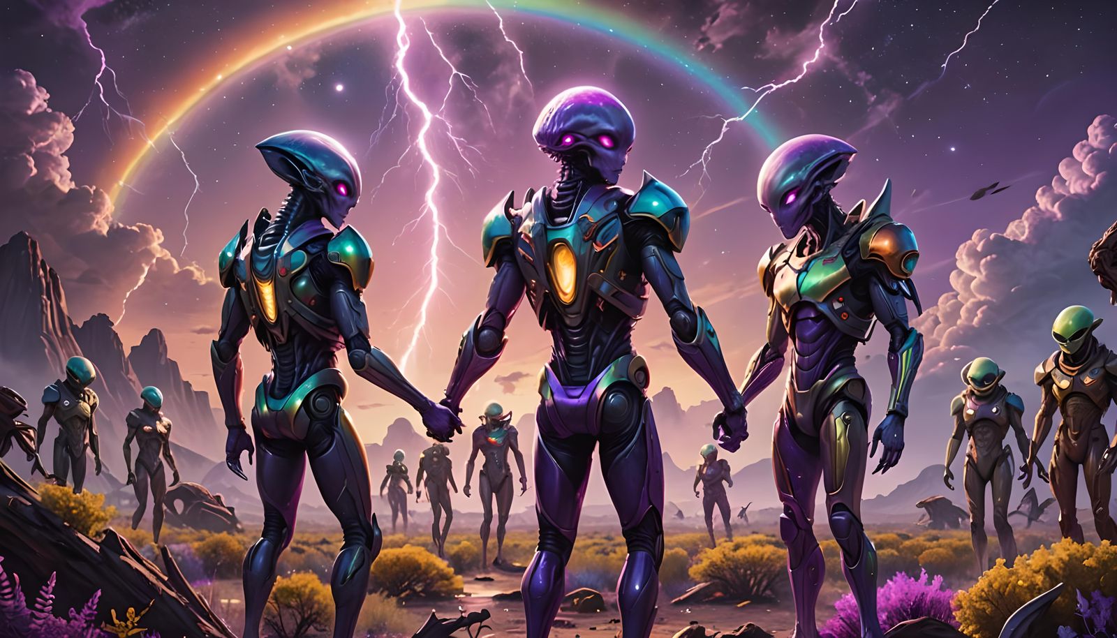 Exoplanetary Weeding Scene with Rainbow Sky