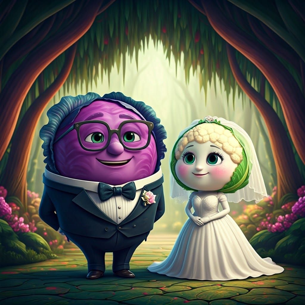 Whimsical Cabbage Groom and Cauliflower Bride in 3D Style