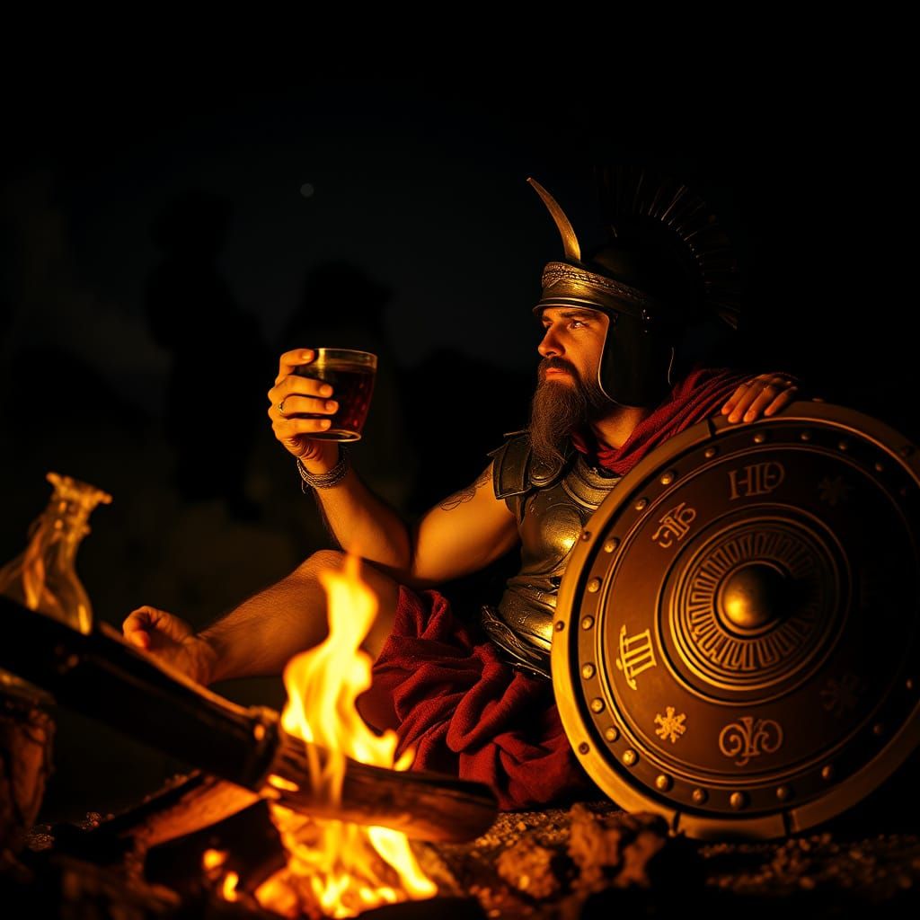 Ancient Greek Hoplite Contemplates by Campfire