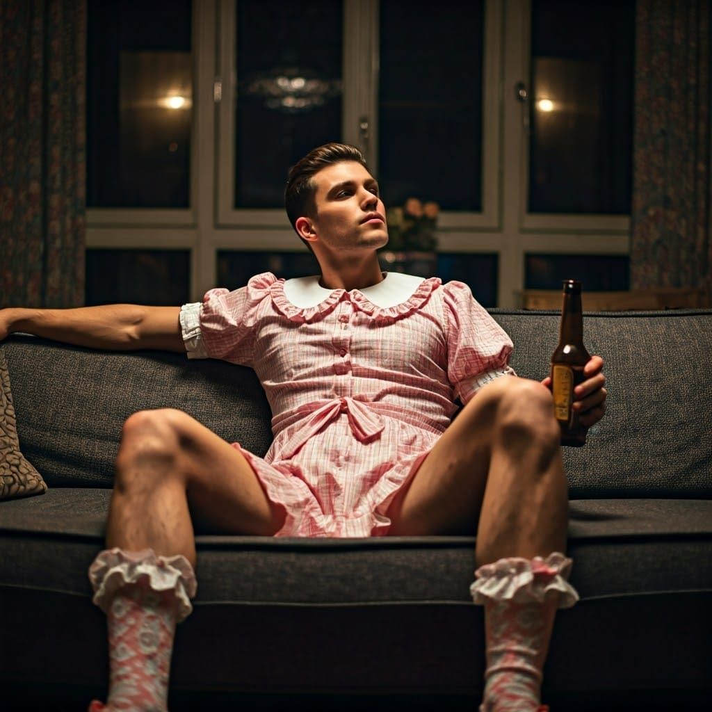 Man in Frilly Dress Enjoys Beer in Cozy Living Room