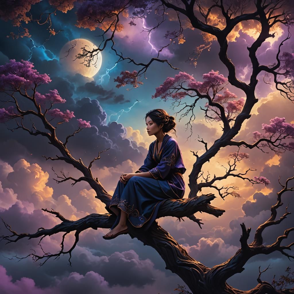 Depressed Girl in Mystical Tree Branch: Fantasy Art