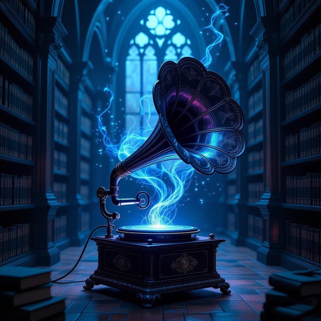 Ethereal AI Emerges From Vintage Gramophone in Gothic Librar...