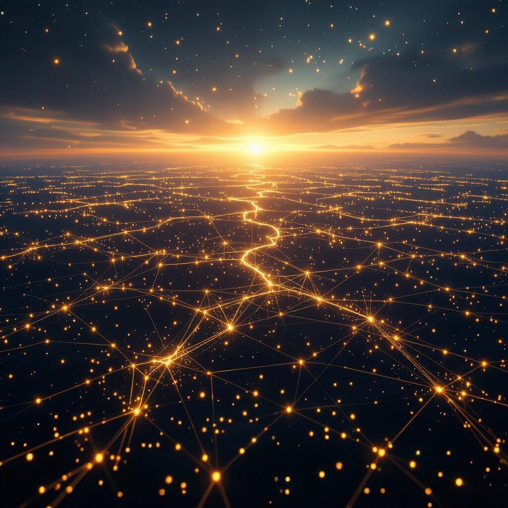 Golden Lights Network Across Dark Landscape - Symbolic Art R...