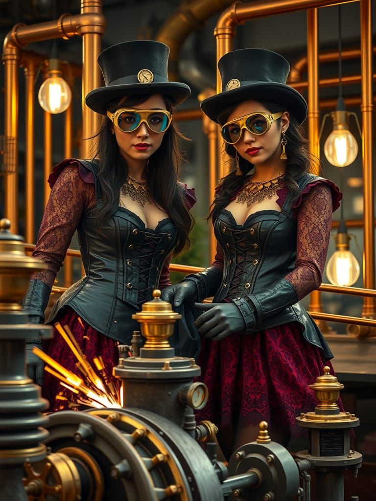 Steampunk Twin Sisters Work on Brass Motor