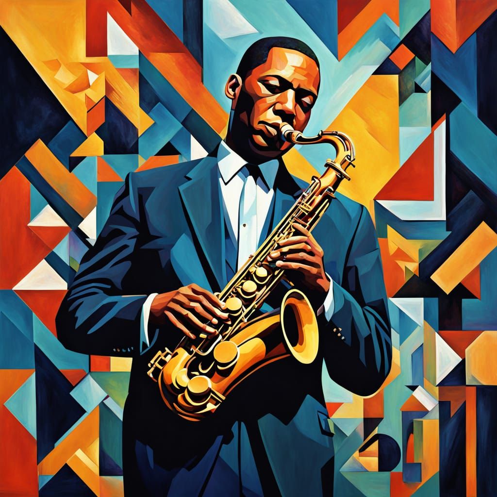 John Coltrane's Saxophone Solo in Neo-Cubist Art Deco Style
