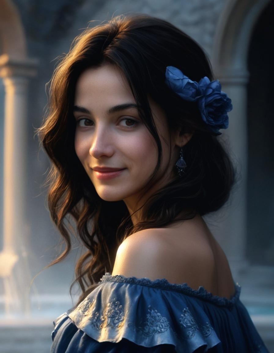 Renaissance Woman in Castle Courtyard, Oil Painting