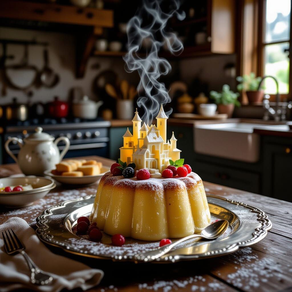 Magical Pudding Village on Silver Plate in Rustic Kitchen