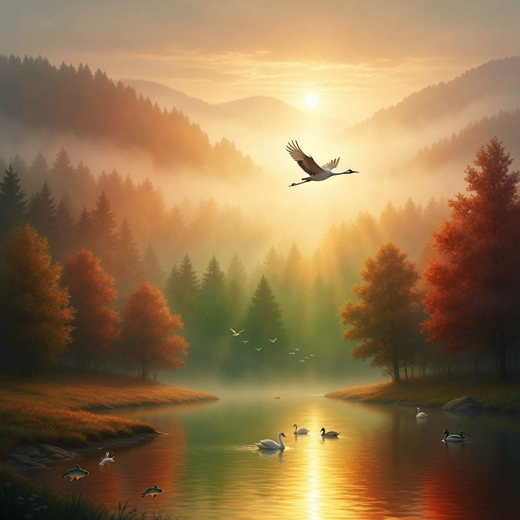 Golden Forest Mist with Crane and River