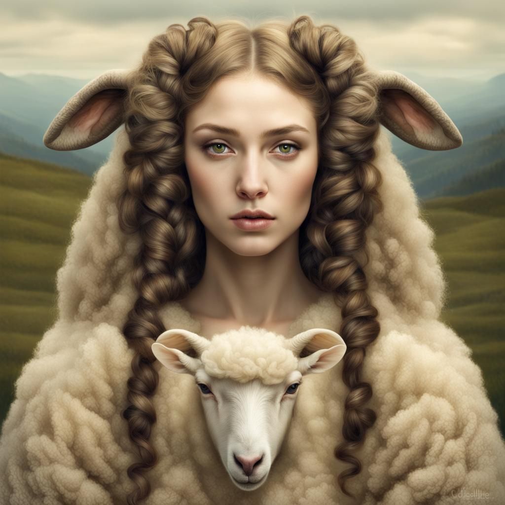 Woman-Sheep Hybrid in Pre-Raphaelite Style