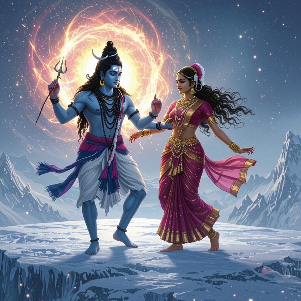 Lord Shiva and Parvati Ice Skating, Cosmic Dreamscape