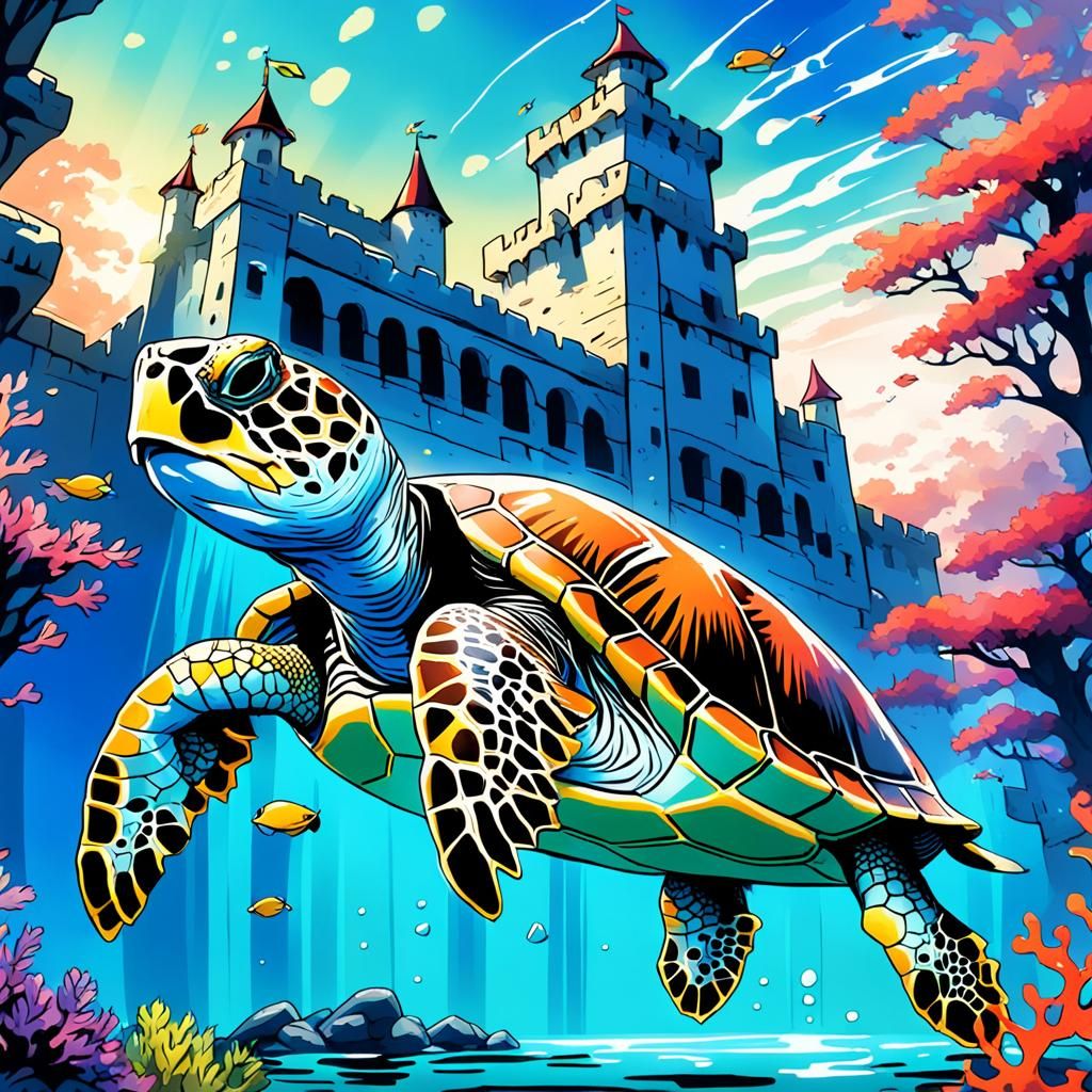 Hawksbill Turtle Navigates Medical Castle in Anime Comic Art