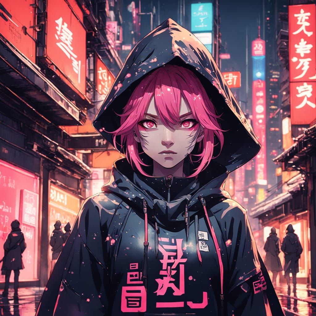 Mysterious Pink Ninja Girl Stands in Tokyo Streets