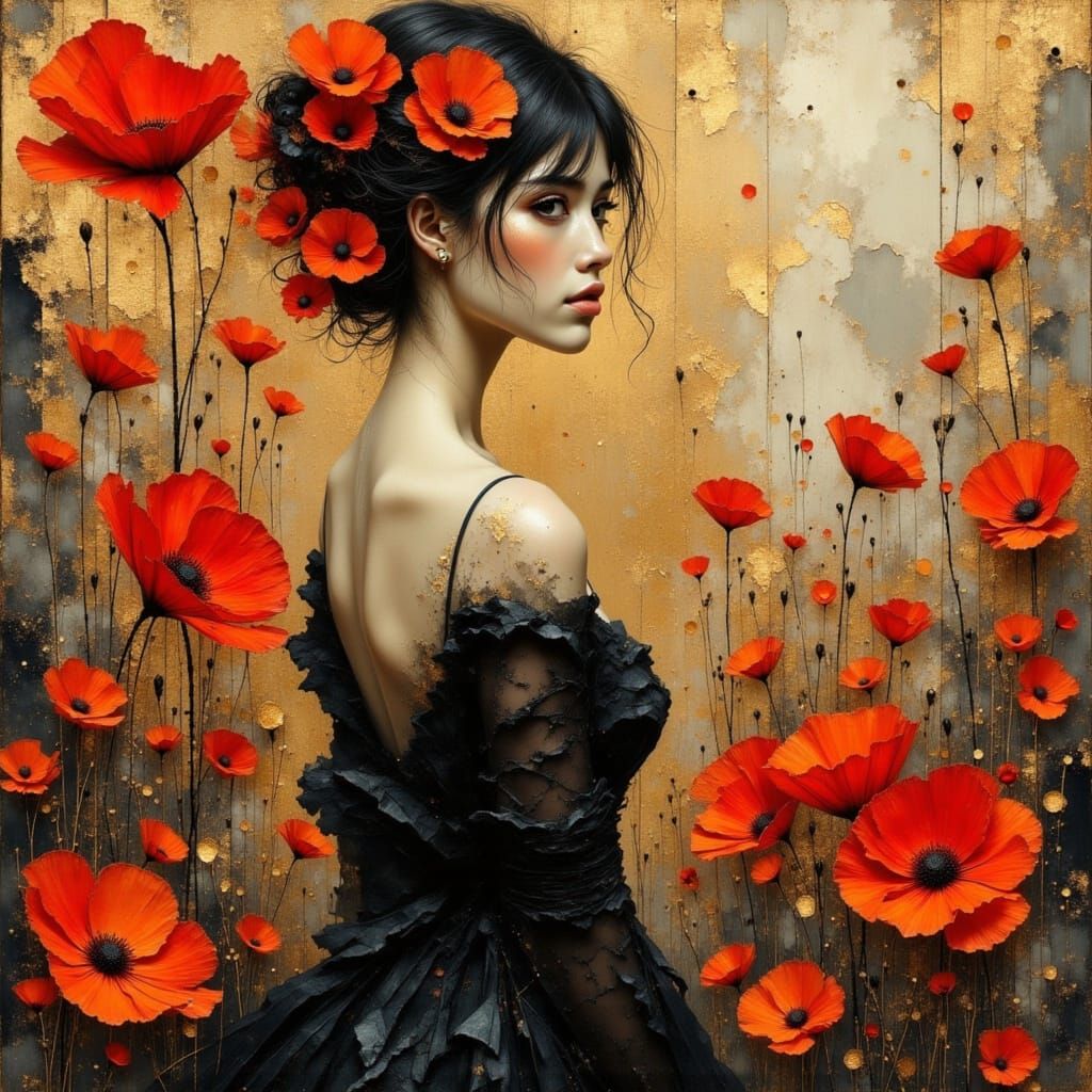 Woman with Poppies in Art Deco Style