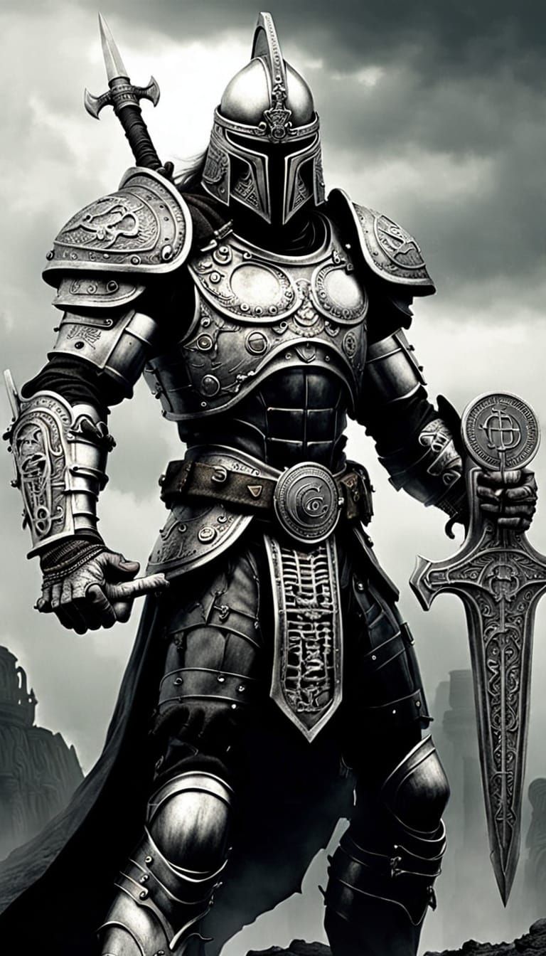 Dramatic Warrior in Dark Armor, Sword, and Shield, set again...