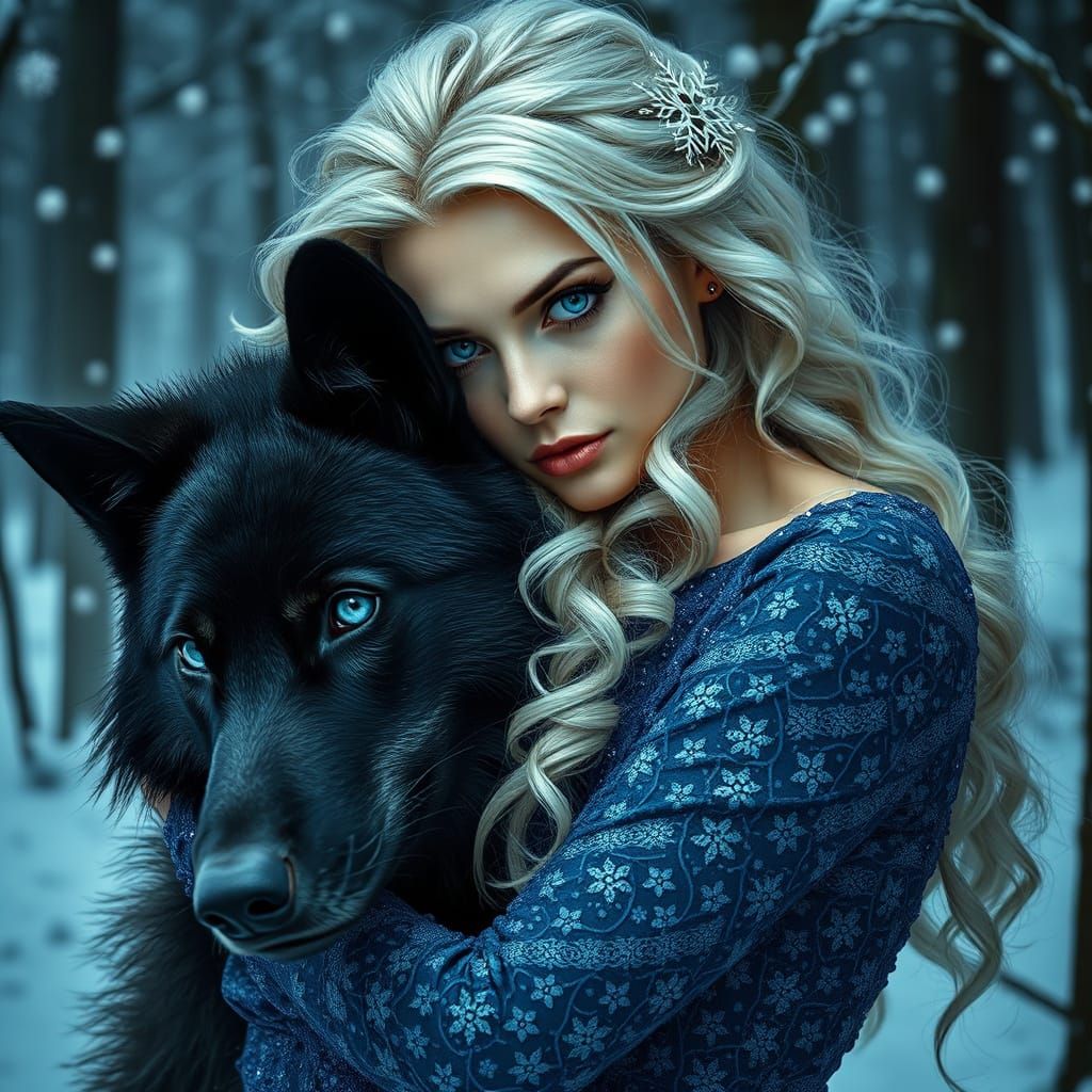 Dark Fantasy Winter Scene with Enchanted Woman and Wolf