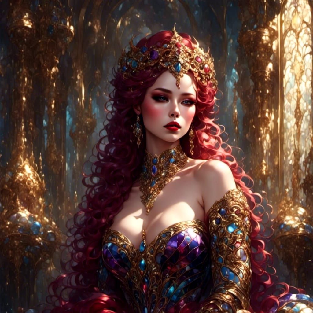 Lady in Pearls and Gems with Stained Glass