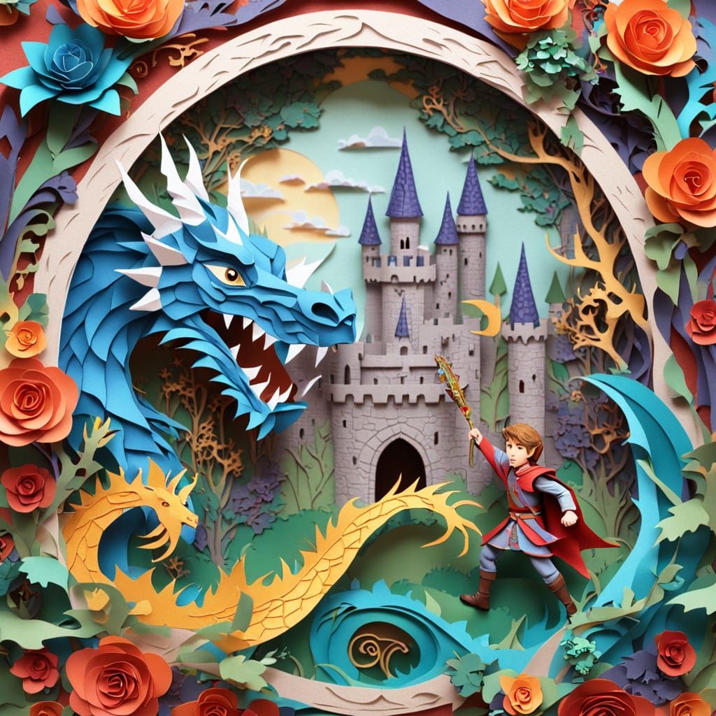 Prince Fights Dragon in Whimsical Paper Cut Castle Scene