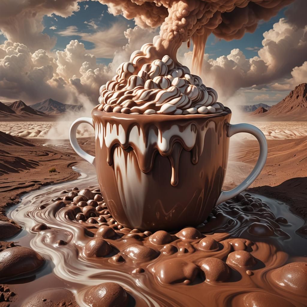 Giant Mug of Hot Chocolate River in Surreal Desert