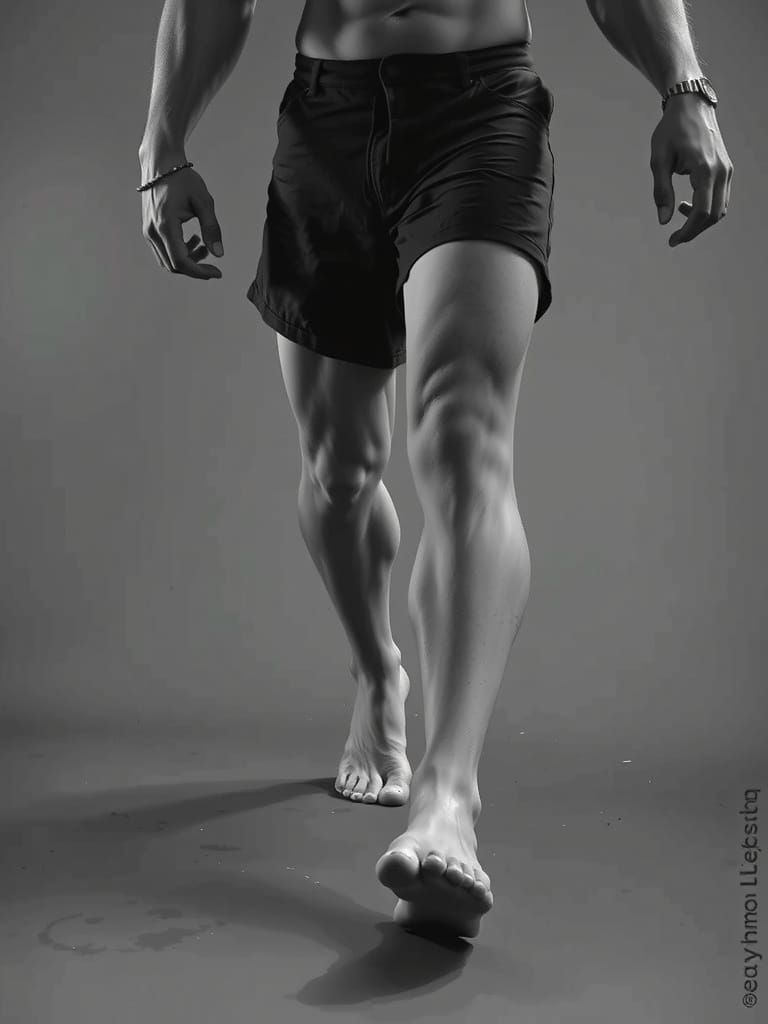 Barefoot Man Walking Towards Camera in Black and White