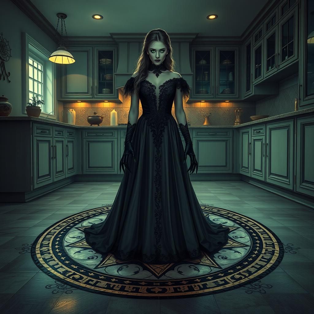 Mystical Woman Summons Entity in Kitchen, Dark Fantasy