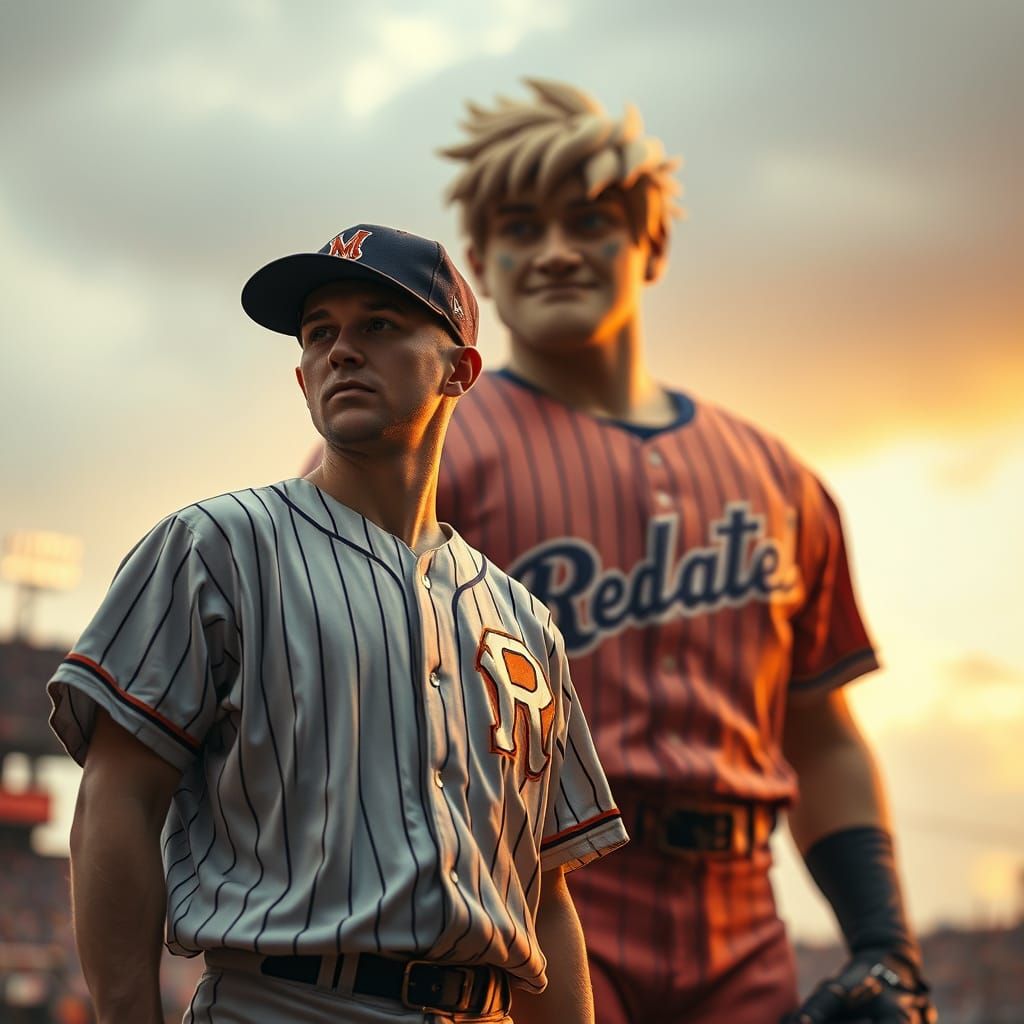 Little Boy and Giant Sportsman: Cinematic Vibrant Scene