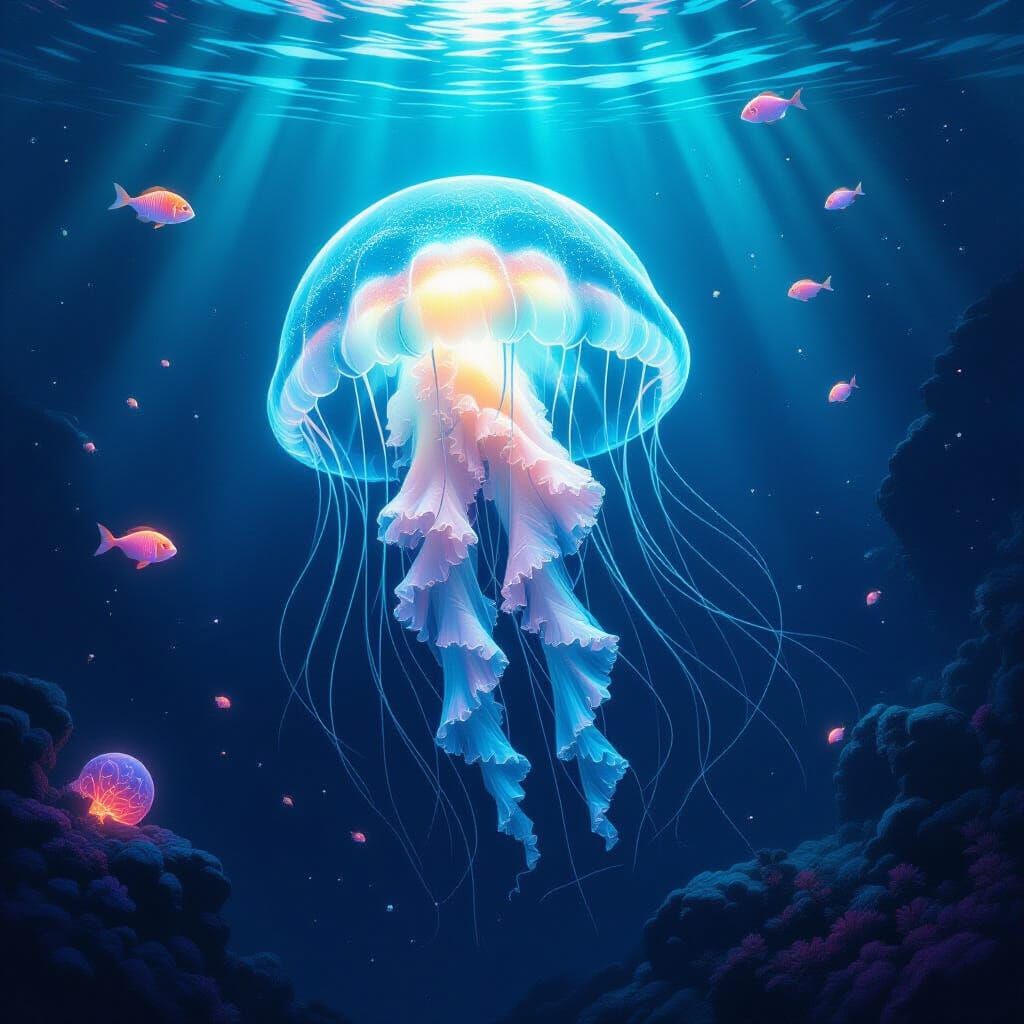 Bioluminescent Jellyfish in Dark Ocean Abyss