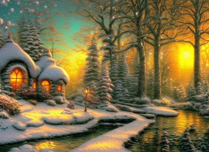 Fairy House in Winter Snow, Golden Hour