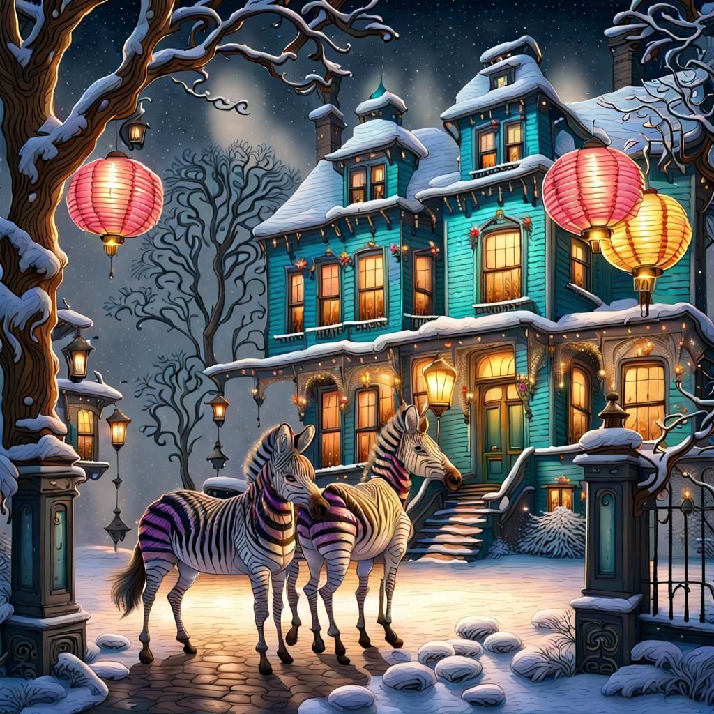 Cartoon Zebras Decorating for Winter Celebration