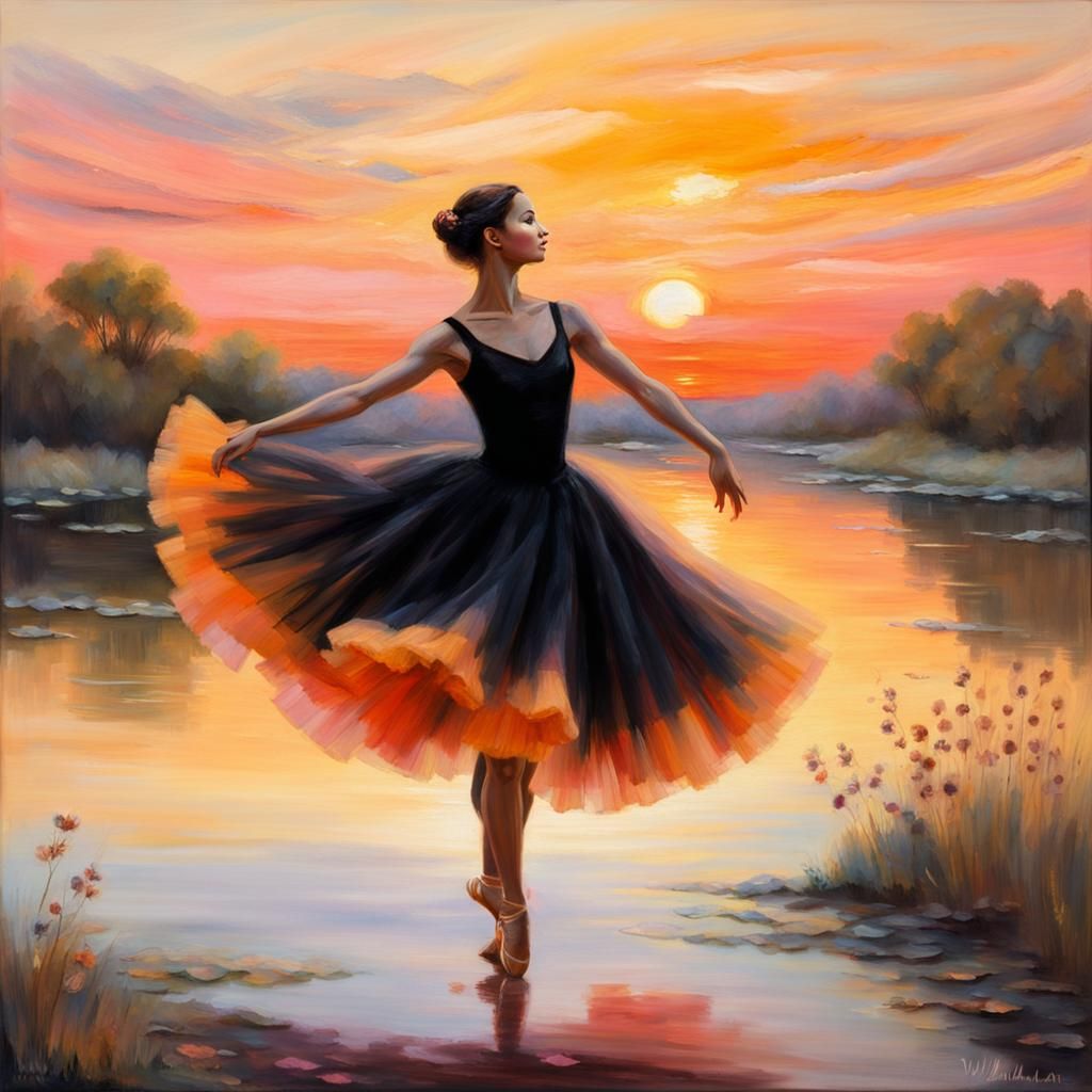Ballerina in Tulle Dress Dancing at Sunset