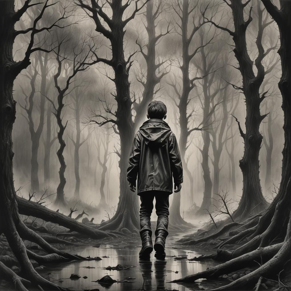 Boy in Dark Forest: Charcoal Drawing with Chiaroscuro