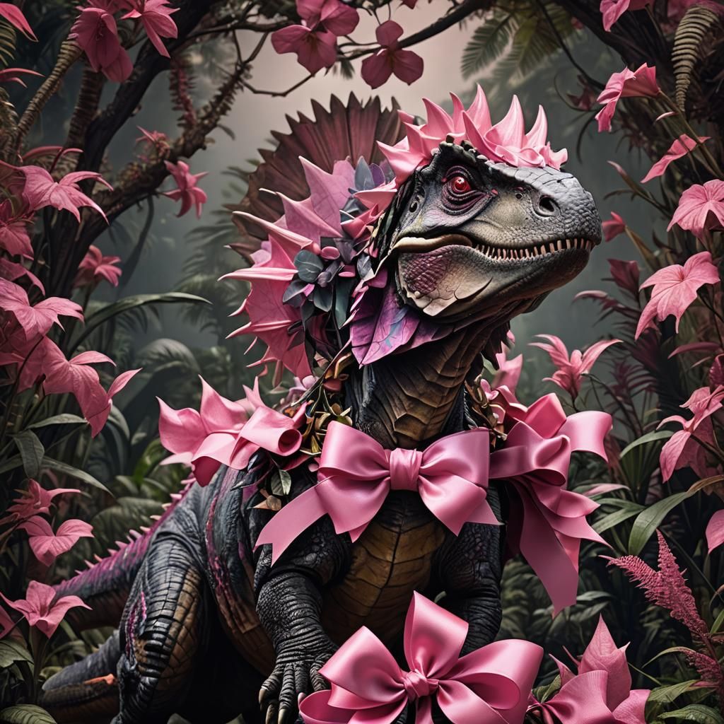 Dinosaur with Pink Bow, Hyperrealistic Rendering