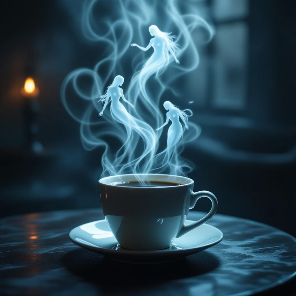 Ethereal Spirits Rise From Steaming Coffee Cup in Dark Fanta...