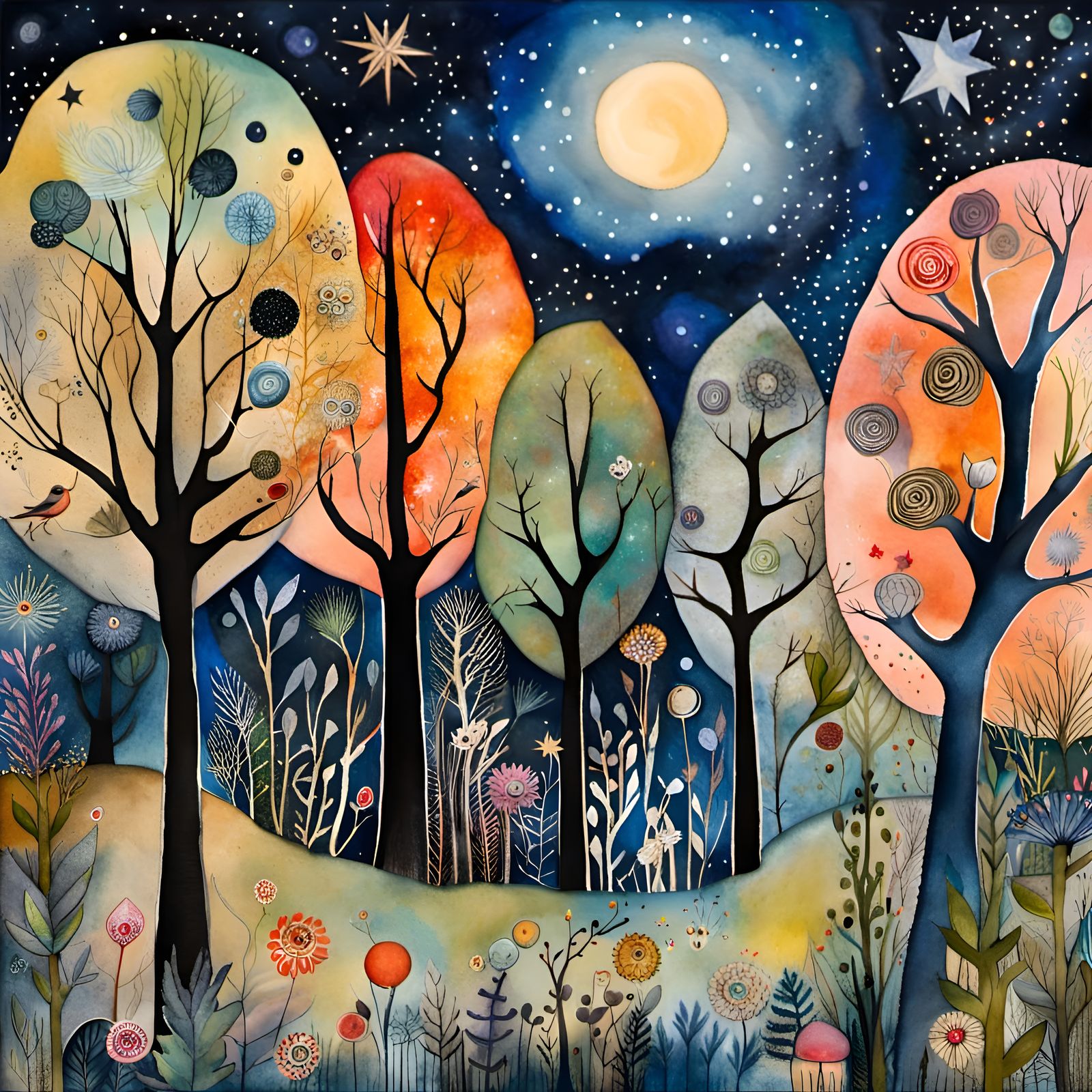 Mystical Forest Under Starry Cosmos in Watercolor