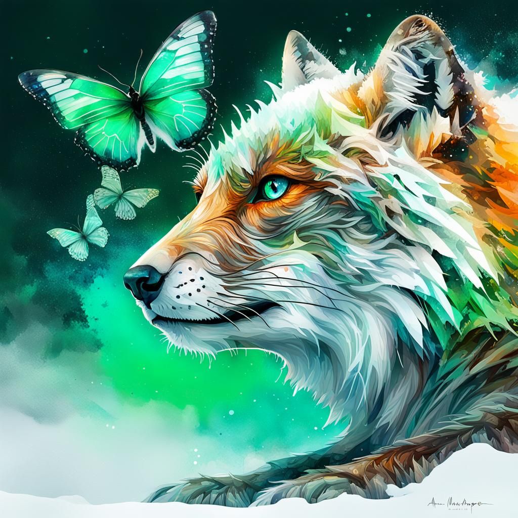 Neon Arctic Fox with Butterfly, Digital Watercolor Art