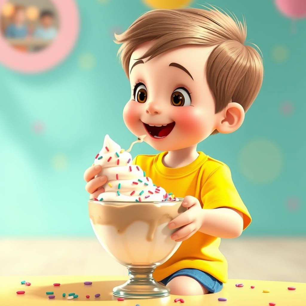 Toddler Enjoying Ice Cream in Pixar-Inspired 3D Render