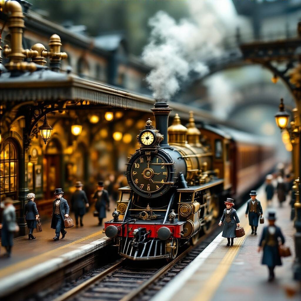 Steampunk Train Station Diorama with Victorian Figures