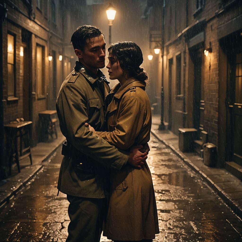 Soldier and Girlfriend Embrace in Rainy Alleyway