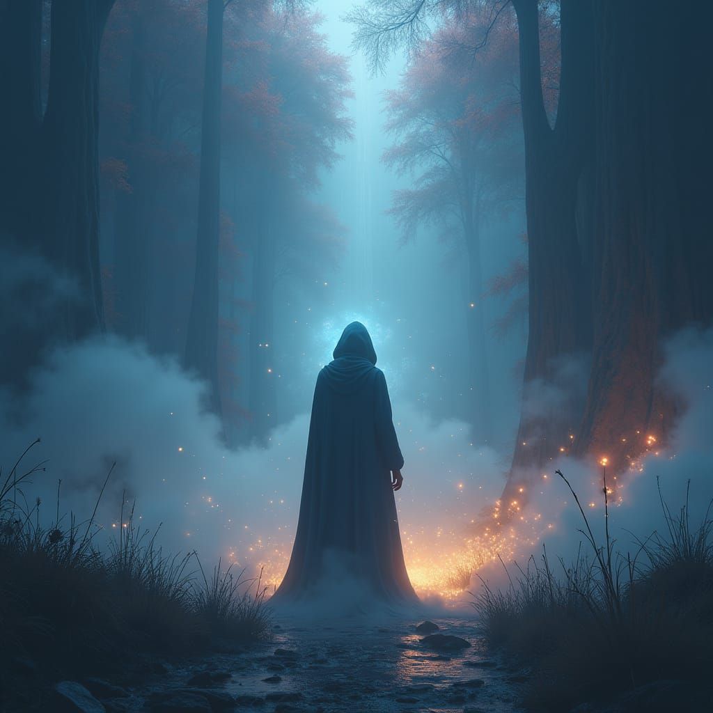 Mystical Figure Repels Darkness in Ethereal Matte Painting