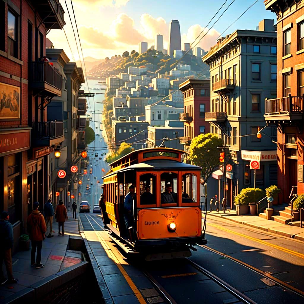 San Francisco Cable Car in Whimsical Watercolor Style