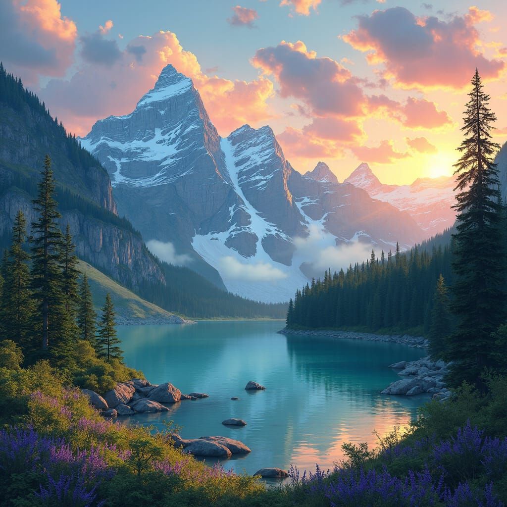 Majestic Snow-Capped Mountains at Sunset in a Nostalgic Digi...