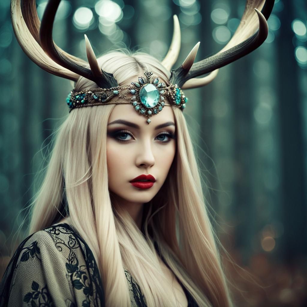 Ethereal Antler Goddess Portrait in Dreamy Style