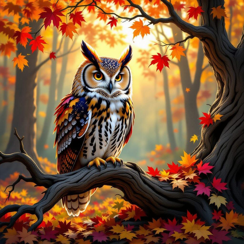 Majestic Owl of Autumn Leaves in Enchanted Forest