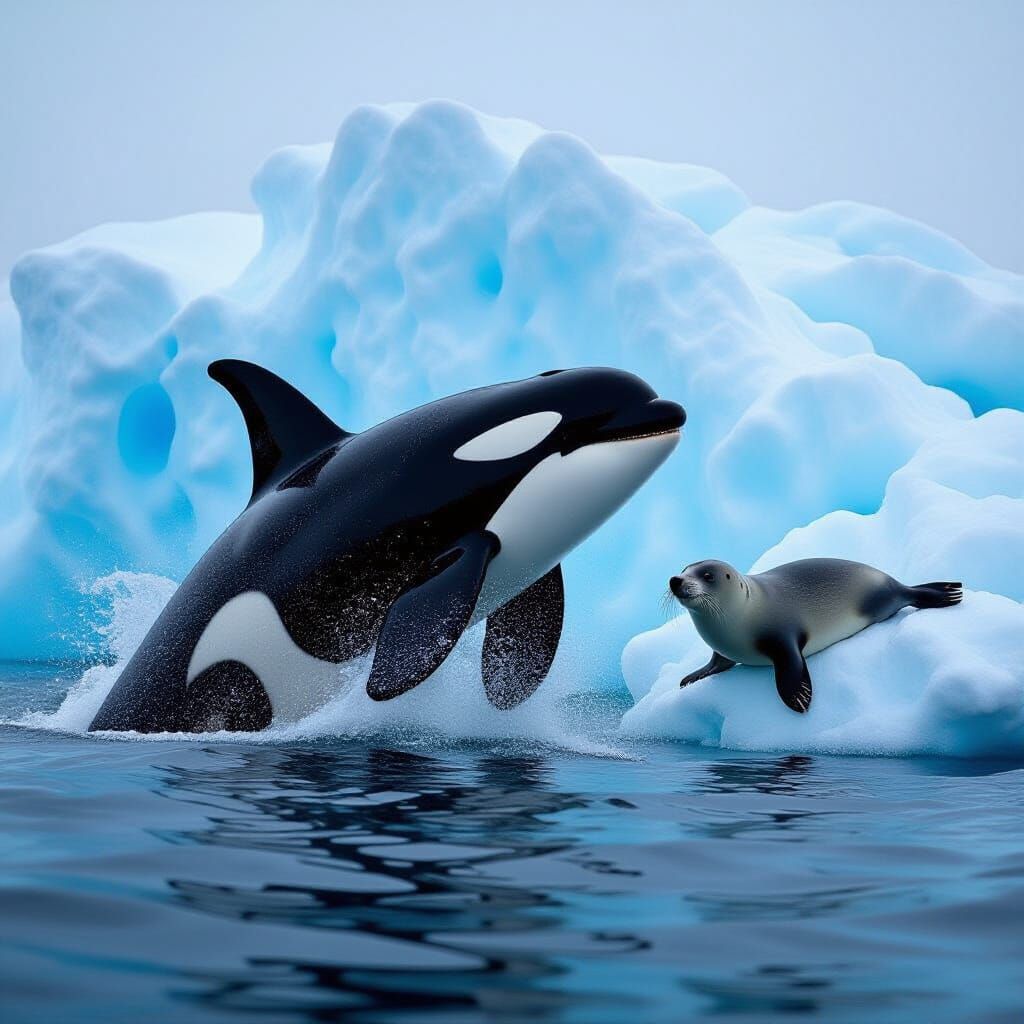 Orca Chases Seal Through Icy Waters in Photorealistic Style