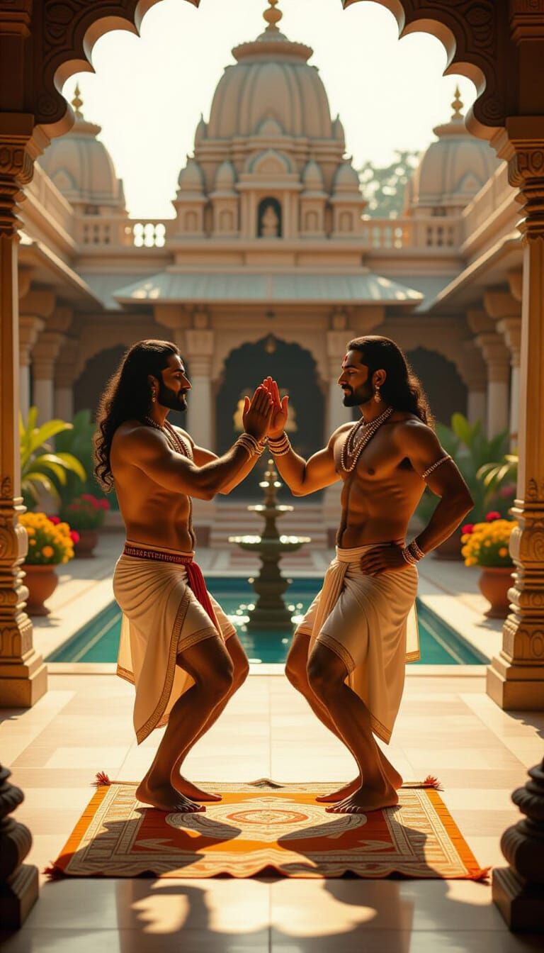 Sacred Dance of Indian Men in Temple Garden