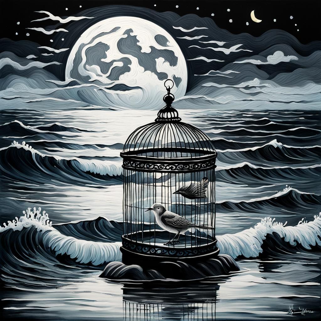 Moonlit Birdcage on the Ocean: Gouache Impression