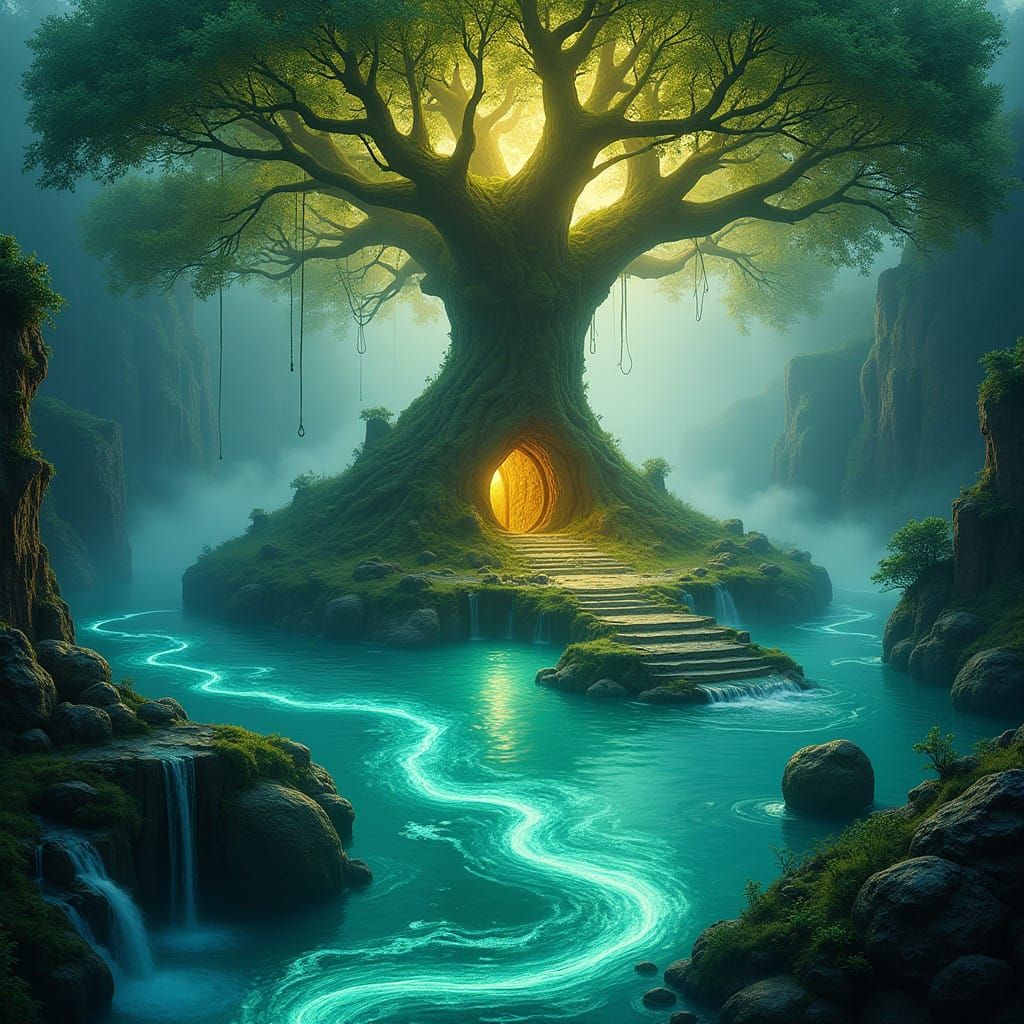 Ethereal Water Temple in Lush, Ancient Forest