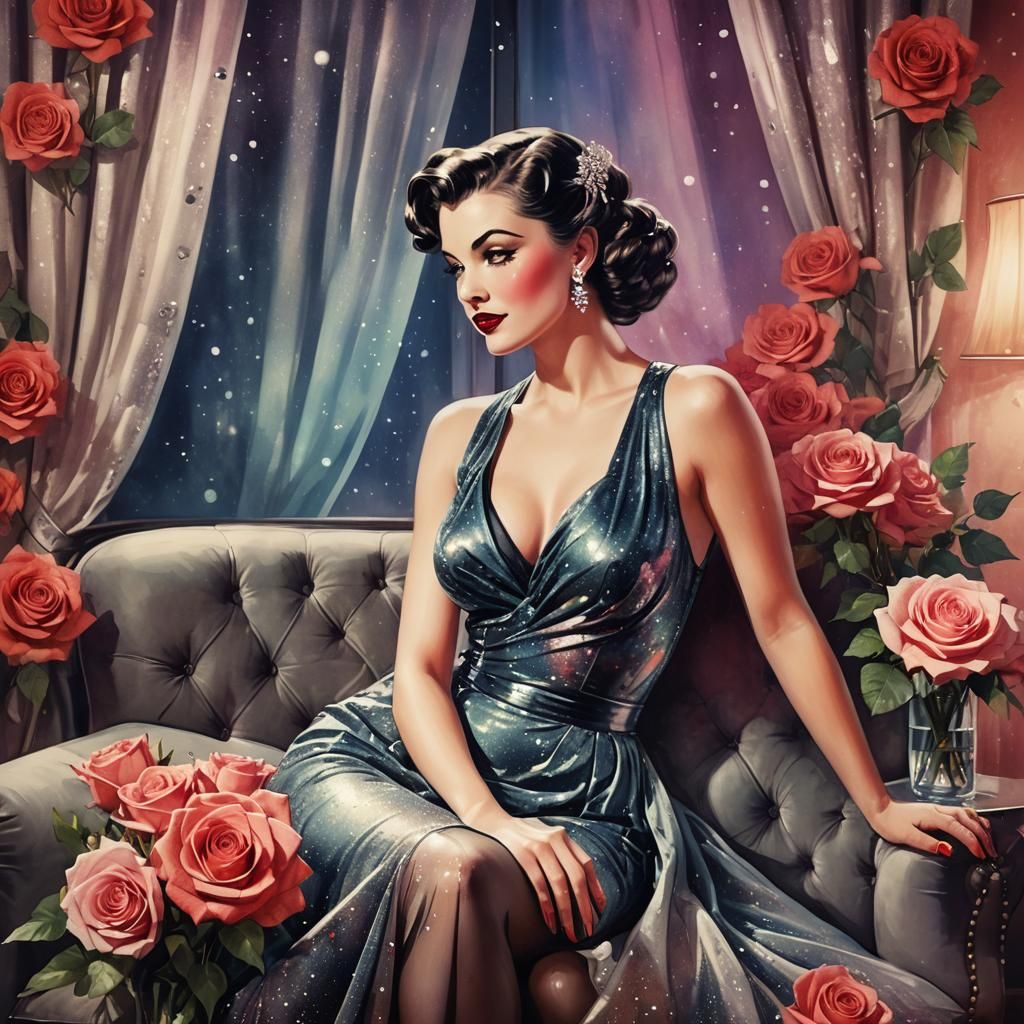 Glamorous Pinup Illustration with Double Exposure Effects