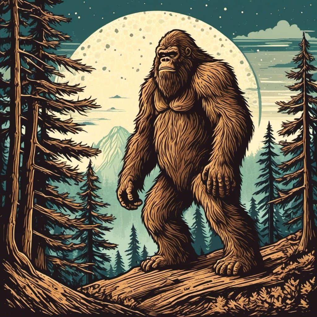 Sasquatch by Pine Tree in Screen Print Style