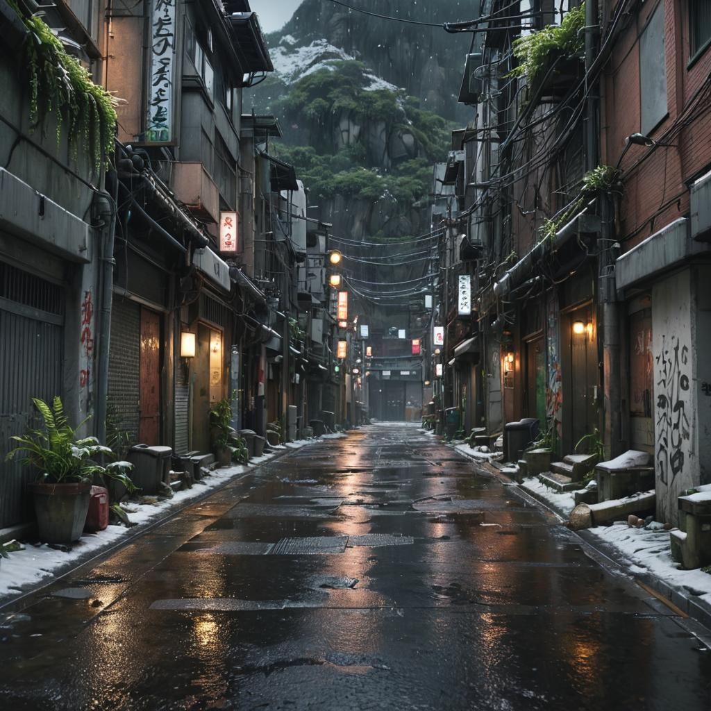 Gritty Japanese Alleyway in Hyperrealistic 3D Style