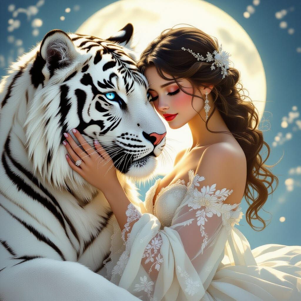 Girl and White Tiger in Art Nouveau Style